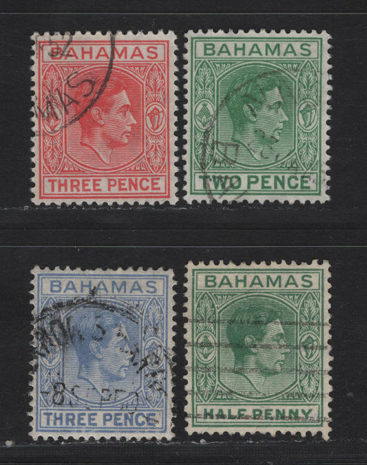 Lot 279 Bahamas (C) #149d, 154a, 152c, 154b 1/2d-3d Myrtle Green - Scarlet King George VI, 1938-1952  King George VI Definitive Issue, 4 VF Used Singles 1946, 1950, 1951 & 1952 Printings On Opaque Paper& Translucent Paper With Visible Wmk