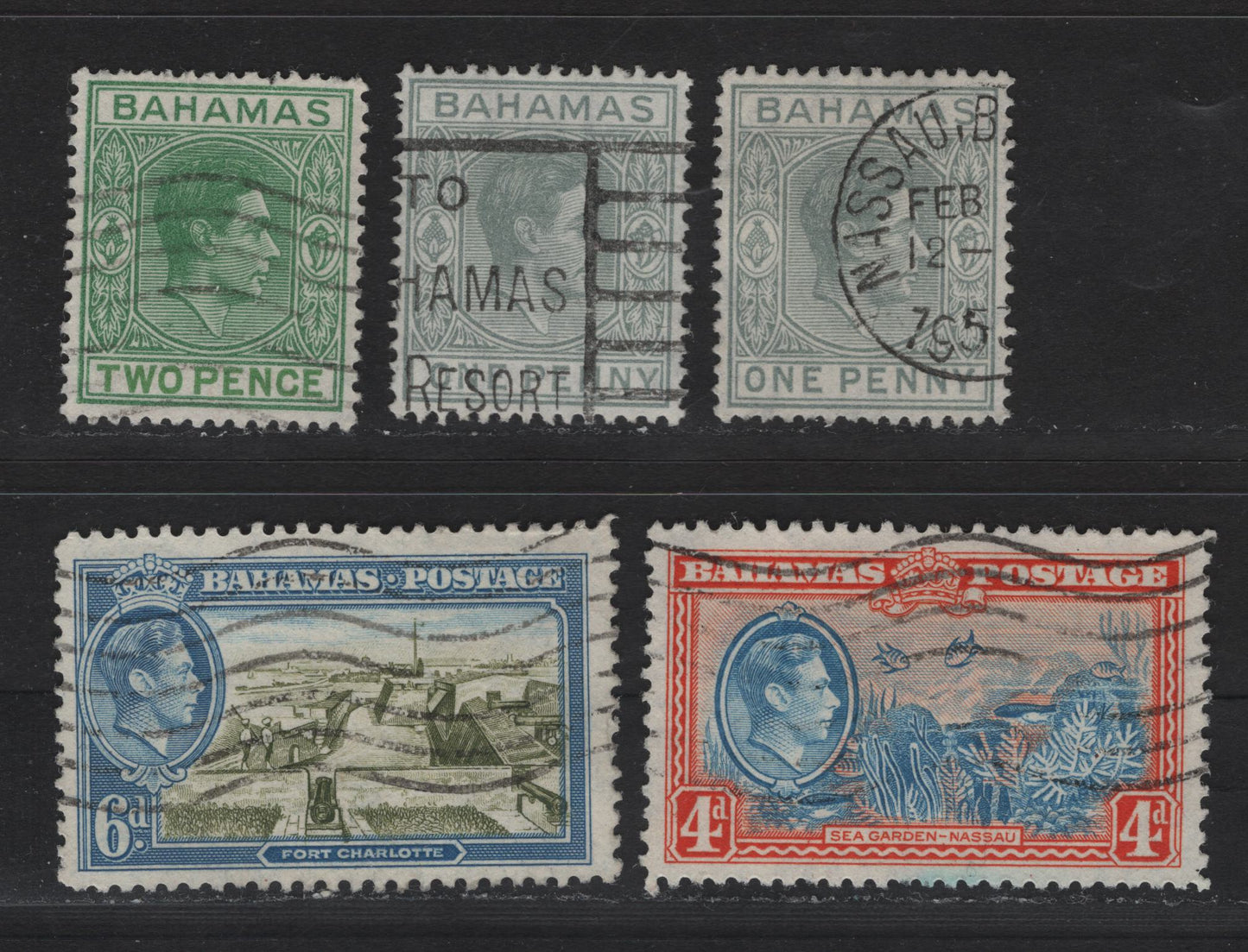 Lot 280 Bahamas (C) #150ab, 152c, 158-159 1d-6d Pale Slate - Olive Green & Light Blue King George VI & Fort Charlotte, 1938-1952  King George VI Definitive Issue, 5 Fine & VF Used Singles 1952 Printings On Paper With Clear Cross Hatched Mesh