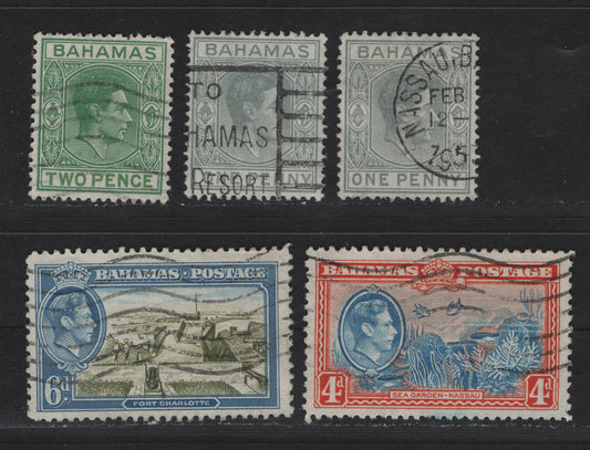 Lot 280 Bahamas (C) #150ab, 152c, 158-159 1d-6d Pale Slate - Olive Green & Light Blue King George VI & Fort Charlotte, 1938-1952  King George VI Definitive Issue, 5 Fine & VF Used Singles 1952 Printings On Paper With Clear Cross Hatched Mesh