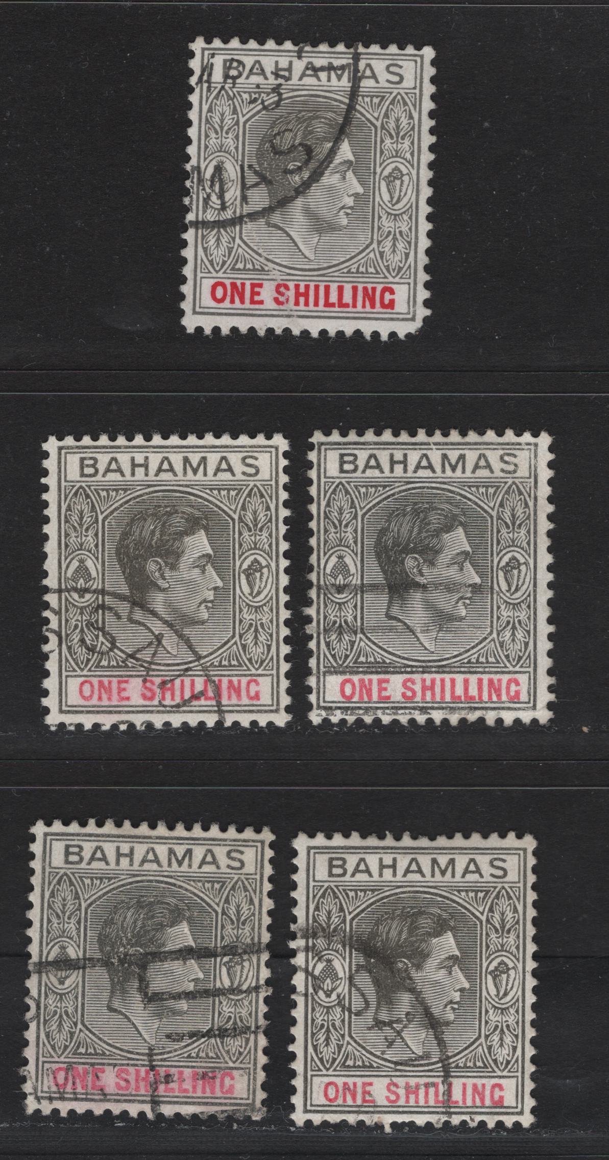Lot 281 Bahamas (C) #155d, 155c 1/- Grey Black & Bright Crimson And Pale Brownish Grey & Crimson , 1938-1952  King George VI Definitive Issue, 5 Fine & VF Used Singles The 1944 Printing On Ordinary Paper & The 1948 Printing On Chalky Paper