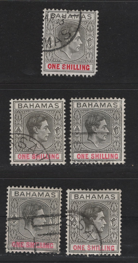 Lot 281 Bahamas (C) #155d, 155c 1/- Grey Black & Bright Crimson And Pale Brownish Grey & Crimson , 1938-1952  King George VI Definitive Issue, 5 Fine & VF Used Singles The 1944 Printing On Ordinary Paper & The 1948 Printing On Chalky Paper