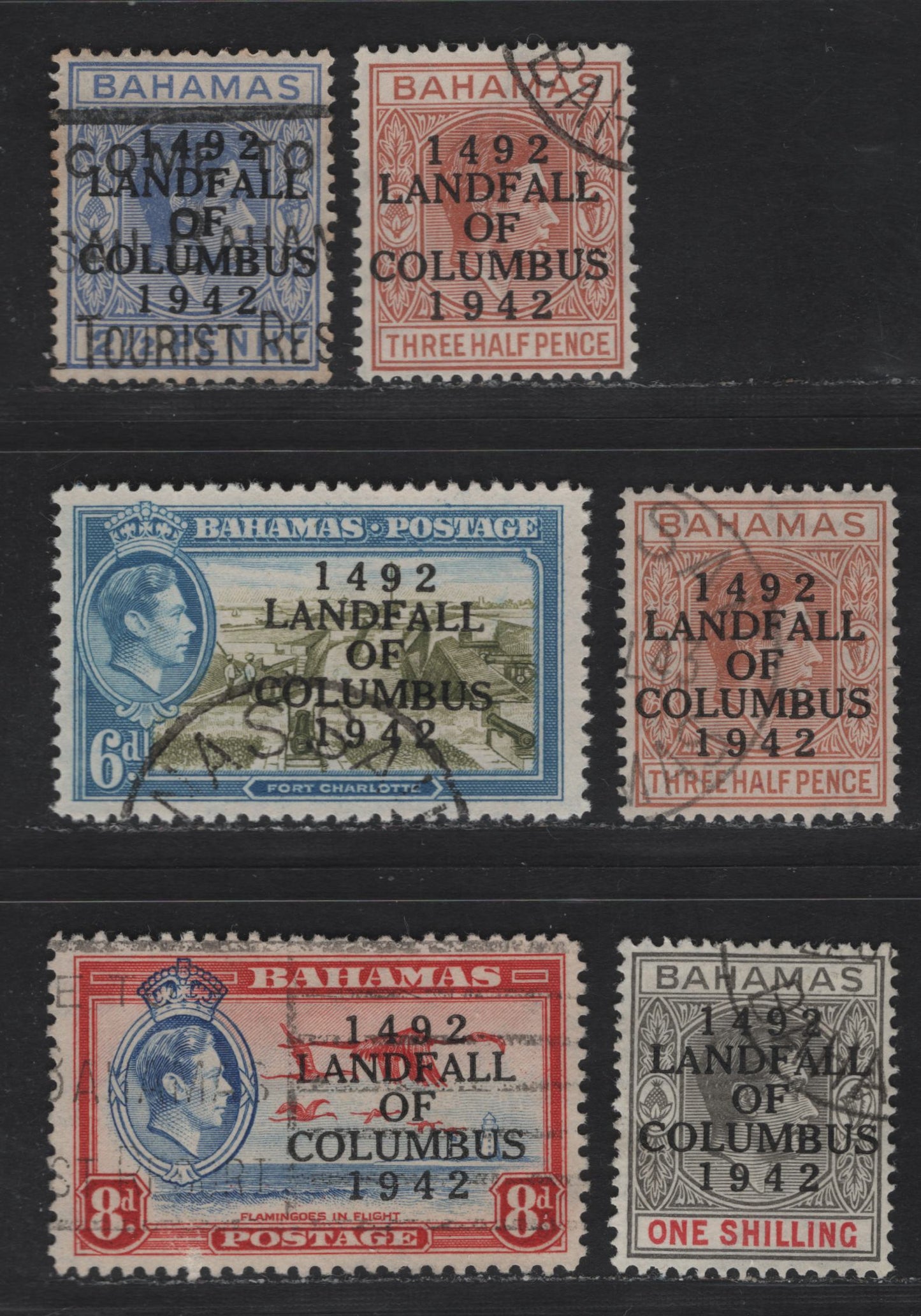 Lot 282 Bahamas (C) SG#164, 166, 169-171 1.5d - 1/- Red Brown - Brownish Gray & Crimson , 1942 Columbus Issue, 6 Very Fine Used Singles, Overprints Made On 1938 Printings Of The Keyplate Issue, 1/- On Striated Paper (1942 Printing)