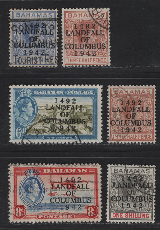 Lot 282 Bahamas (C) SG#164, 166, 169-171 1.5d - 1/- Red Brown - Brownish Gray & Crimson , 1942 Columbus Issue, 6 Very Fine Used Singles, Overprints Made On 1938 Printings Of The Keyplate Issue, 1/- On Striated Paper (1942 Printing)