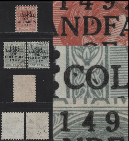 Lot 283 Bahamas (C) SG#163-164 1d - 1.5d Pale Slate - Red Brown & Olive Gray , 1942 Columbus Issue, 3 Very Fine Used Singles, 1938 Printing Of 1/2d, and 1941-42 Printings Of The 1d With All Constant Varieties of the Overprint, Unlisted In Gibbons