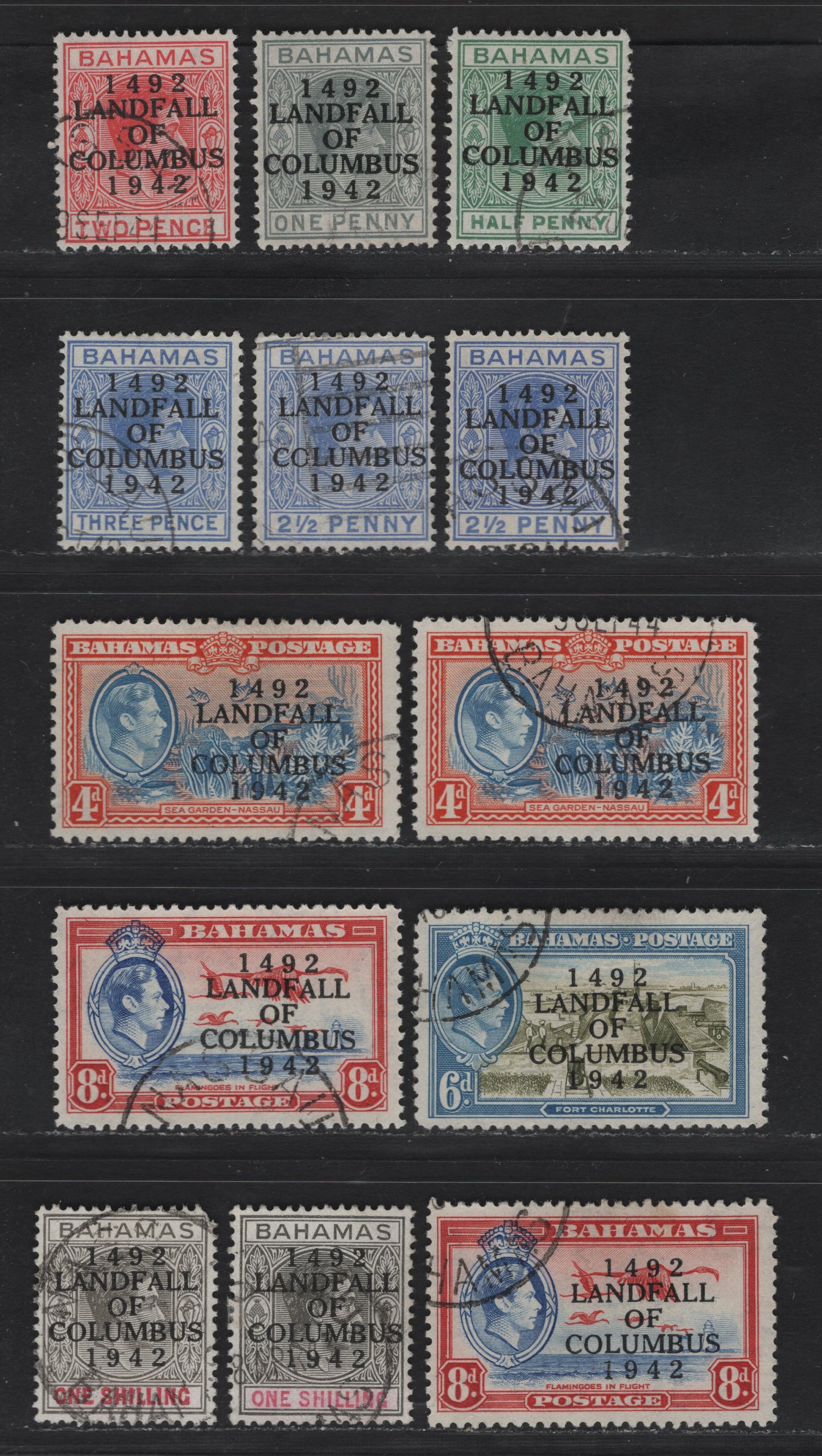 Lot 284 Bahamas (C)SG#162/171b 1/2d - 1/- Green - Blackand Bright Crimson , 1942 Columbus Issue, 13 Fine/Very Fine Used Singles, 1942-44 Printings Of The Basic Keyplate Stamps & Engraved Designs With Clearer Wmk