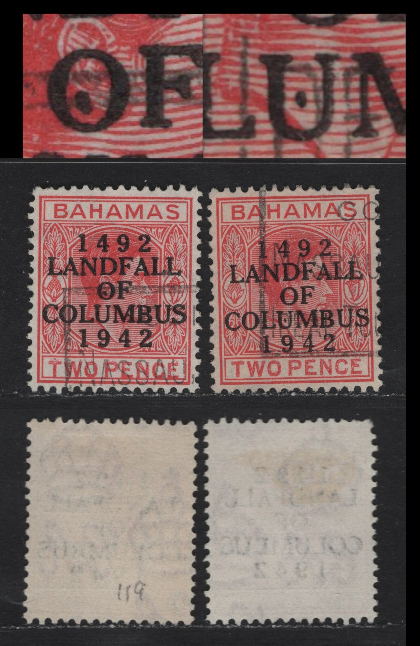 Lot 285 Bahamas (C)SG#165var 2d Scarlet , 1942 Columbus Issue, 2 Very Fine Used Singles, 1942 & 1941 Printings Overprinted Showing Constant Varieties Of the Overprint Not Listed In Gibbons