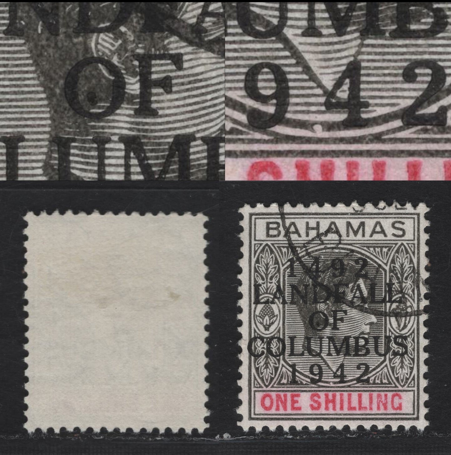 Lot 288 Bahamas (C)SG#171bvar 1/- Gray Black & Bright Crimson , 1942 Columbus Issue, A Very Fine Used Single, Showing Double Constant Variety, Frame Break Below Portrait and Dot Inside 'o' of Of