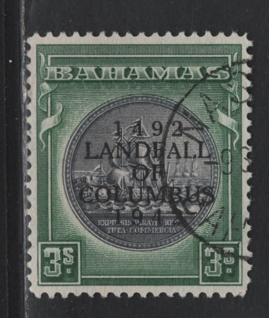 Lot 290 Bahamas (C)SG#173 3/- Slate Purple & Mrytle Green , 1942 Columbus Issue, A Very Fine Used Single, 1942 Printing On Opaque Paper With Partially Visible Wmk