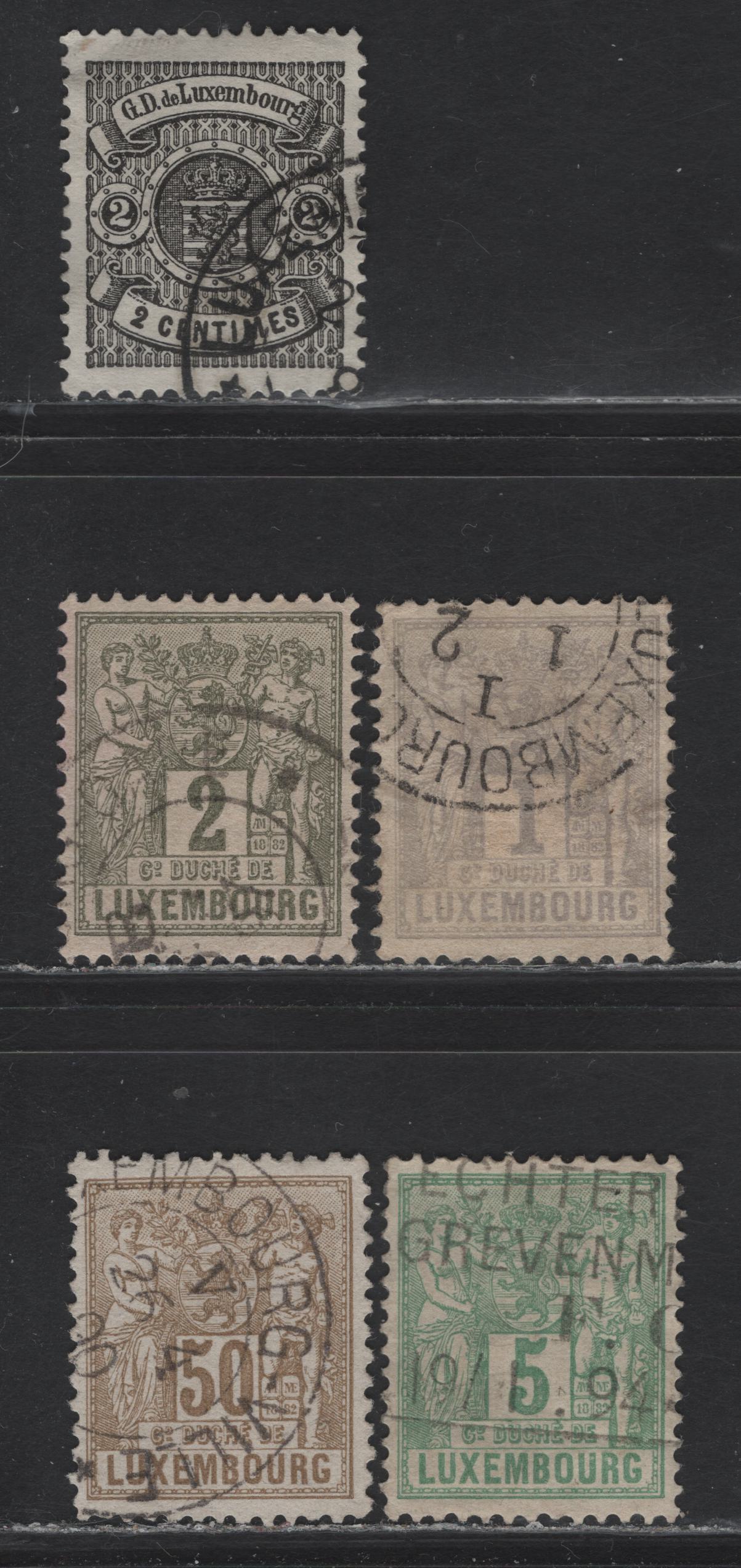 Lot 29 Luxembourg SC#41b, 51, 48-49, 57a 2c - 50c Black - Bistre Brown , 1880-1882 Arms - Industry & Commerce Issues, 5 Very Fine Used Singles, Haarlem Print (1880-1881), Perfs 13.5, 12.5 & 12.5x12