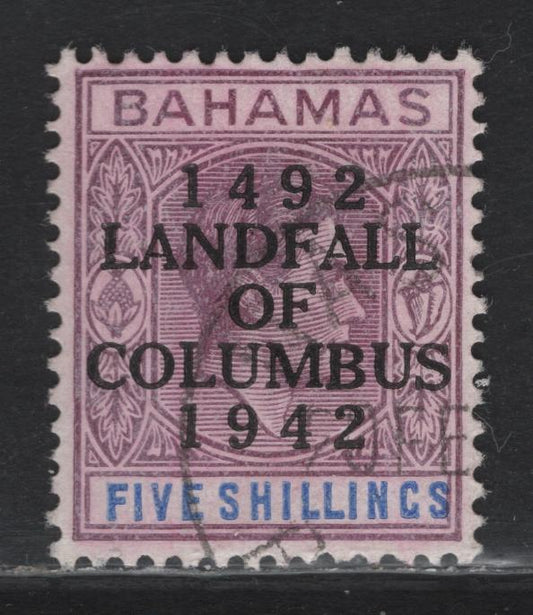 Lot 291 Bahamas (C)SG#174a 5/- Purple & Blue , 1942 Columbus Issue, A Very Fine Used Single, 1942 Printing, Opaque Ordinary Paper