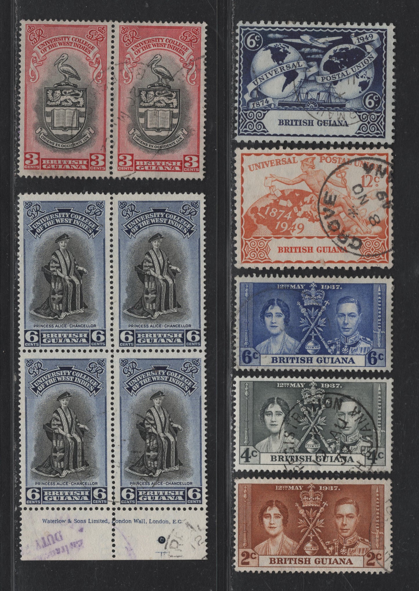 Lot 294 British Guiana (C)SG#305-307, 325-326, 328-329 2c - 6c Yellow Brown - Black & Blue , 1937-1951 Coronation - BwI University College Issue, 7 Fine/Very Fine Used Singles, Pair & Block Of 4