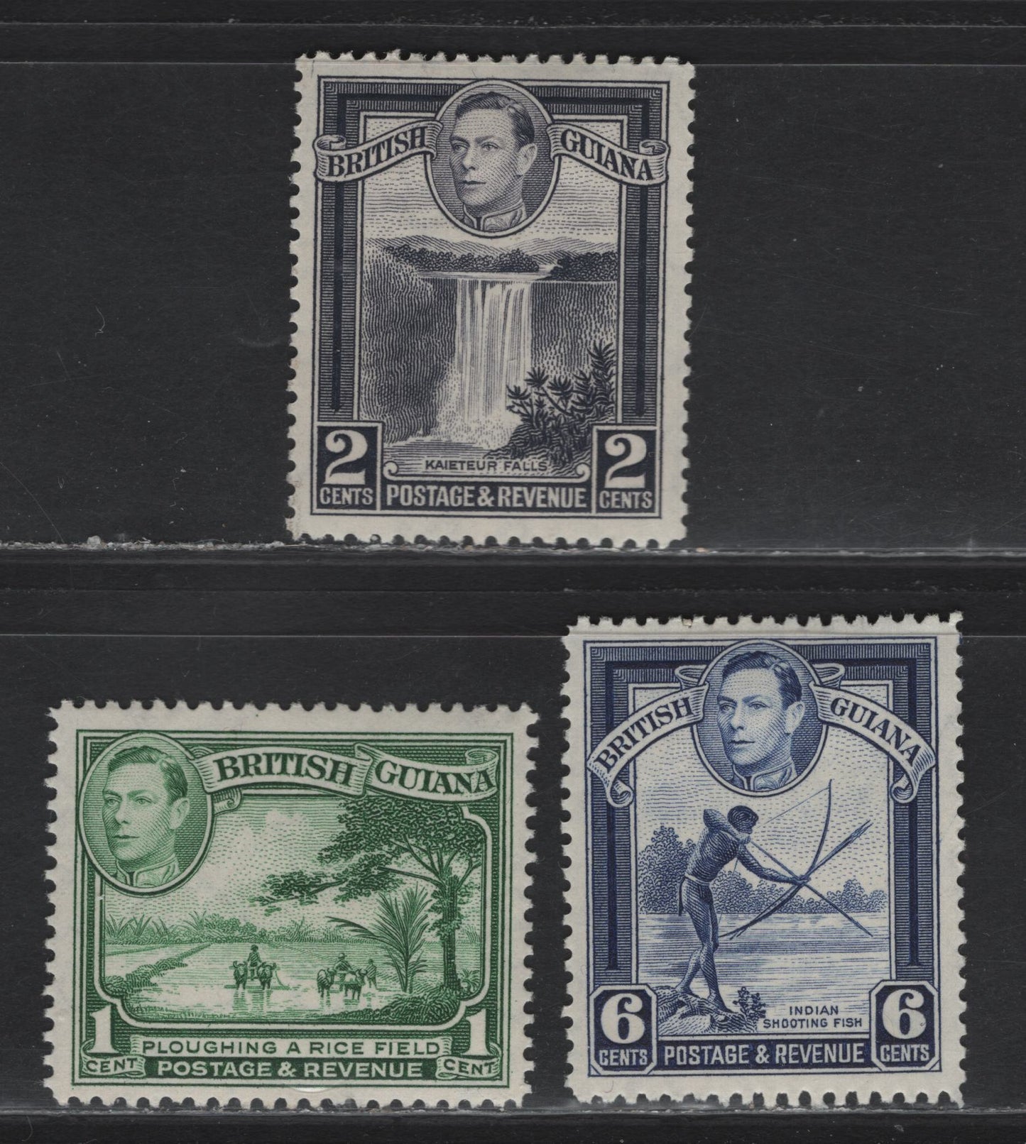 Lot 296 British Guiana SG#308a, 309, 311 1c - 6c Green - Deep Ultramarine , 1938-1952 KGVI Pictorial Issue, 3 VFOG/NH Singles, Perf 12.5, 1940 Printing (1c) and 1938 Printing (2c & 6c)