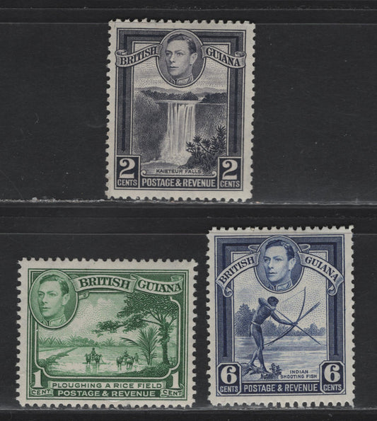 Lot 296 British Guiana SG#308a, 309, 311 1c - 6c Green - Deep Ultramarine , 1938-1952 KGVI Pictorial Issue, 3 VFOG/NH Singles, Perf 12.5, 1940 Printing (1c) and 1938 Printing (2c & 6c)