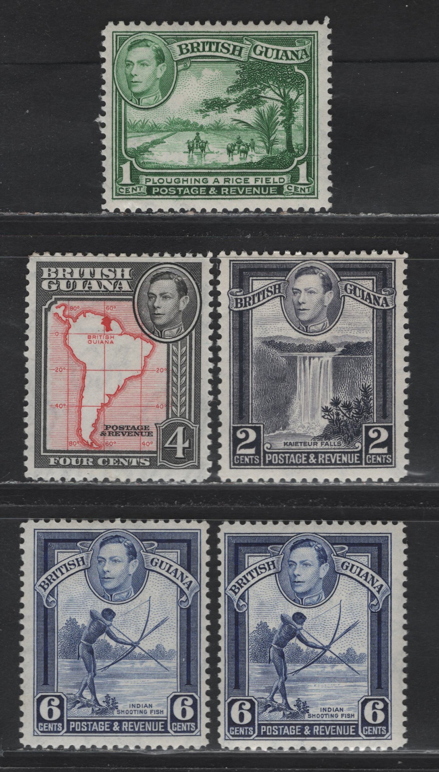 Lot 297 British Guiana SG#308a, 309-311 1c - 4c Bluish Green - Scarlet & Deep Gray , 1938-1952 KGVI Pictorial Issue, 5 F/VFOG Singles, 1944 Printings, Perf 12.5, Translucent Paper With Clearly Visible Wmk, 2 Shades of 6c.