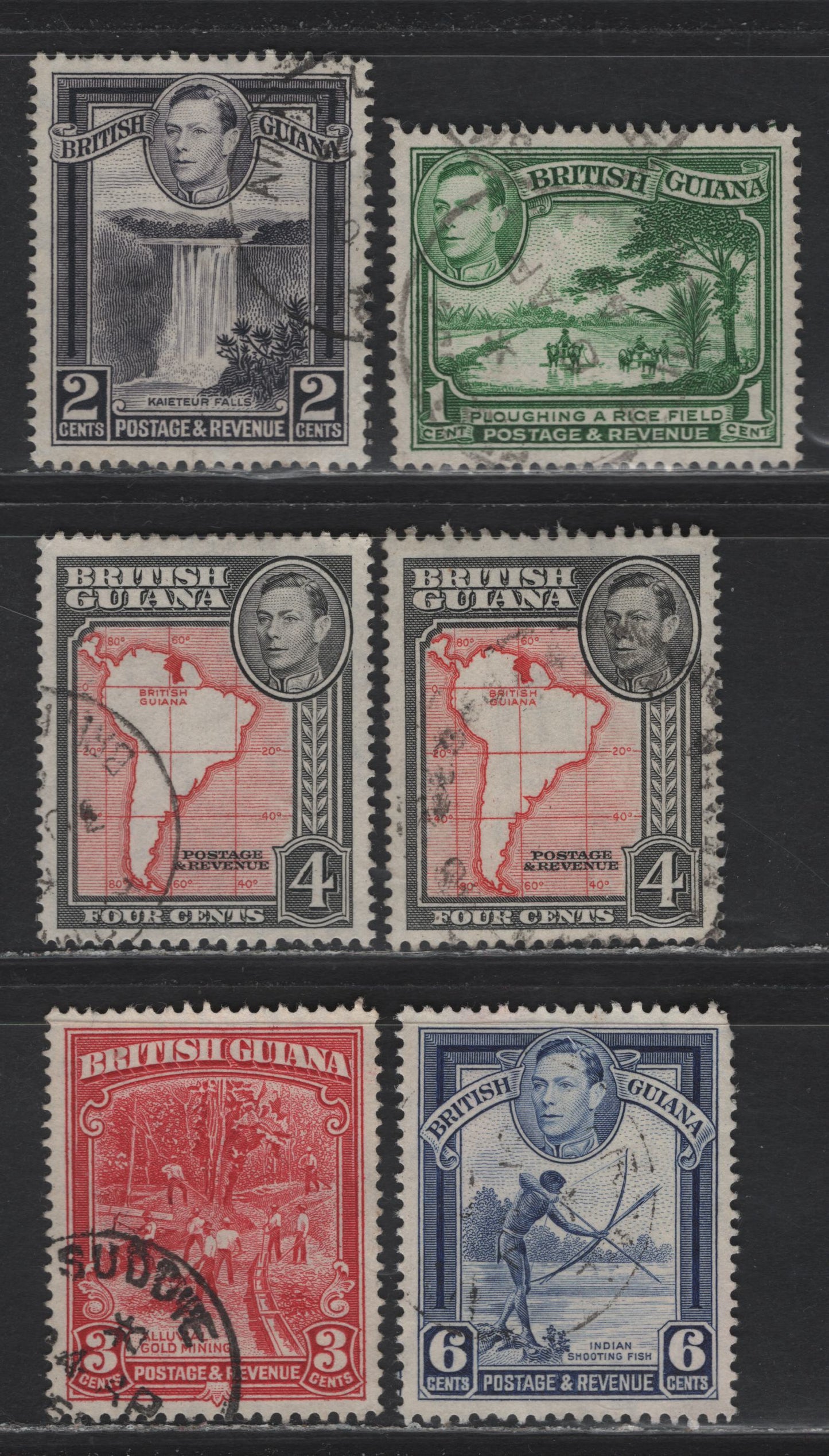 Lot 300 British Guiana (C)SG#290b, 308b, 309a, 310b, 311a 1c - 6c Green - Deep Ultramarine , 1934-1952 KGVI Pictorial Issues, 6 Very Fine Used Singles, 1949-1951 Printings Perf 13x14 & 14x13, Semi Translucent Paper With Somewhat Clear Wmk