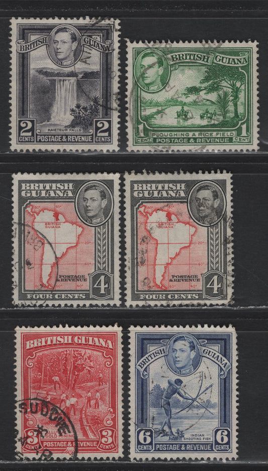 Lot 300 British Guiana (C)SG#290b, 308b, 309a, 310b, 311a 1c - 6c Green - Deep Ultramarine , 1934-1952 KGVI Pictorial Issues, 6 Very Fine Used Singles, 1949-1951 Printings Perf 13x14 & 14x13, Semi Translucent Paper With Somewhat Clear Wmk