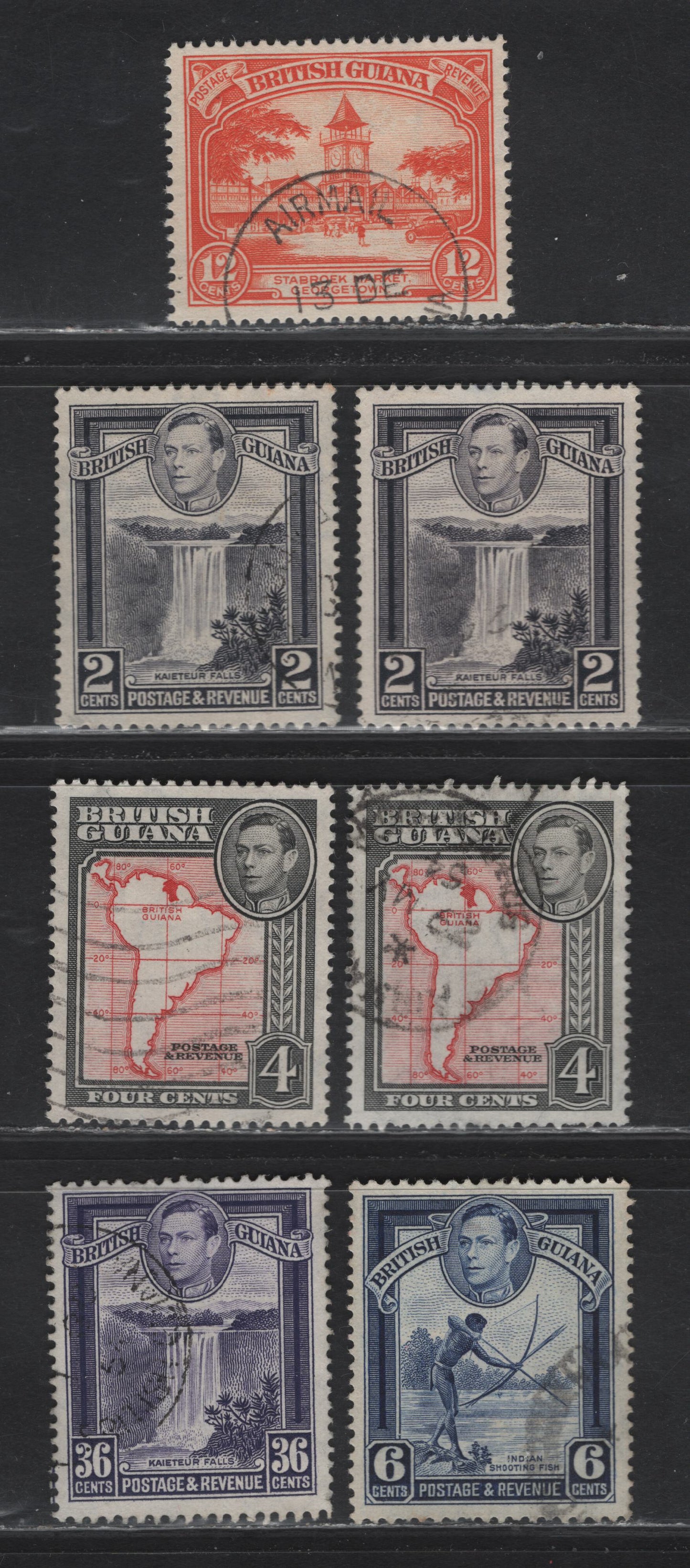 Lot 301 British Guiana (C)SG#293a, 309c, 310b, 311a, 313a 2c - 30c Slate Violet - Bright Violet , 1934-1952 KGVI Pictorial Issues, 7 Very Fine Used Singles, 1951-52 Printings Perfs 14x13 & 13x14 On Semi-Translucent Wove Paper