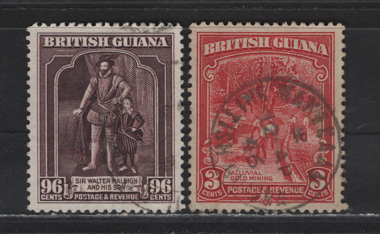 Lot 302 British Guiana SG#290, 316 3c - 96c Scarlet - Purple , 1934-1952 KGVI Pictorial Issues, 2 Very Fine Used Singles, 1946 Printings On Opaque Paper With Barely Visible to Visible Wmk