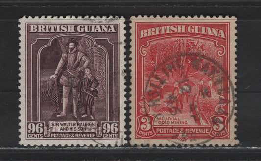 Lot 302 British Guiana SG#290, 316 3c - 96c Scarlet - Purple , 1934-1952 KGVI Pictorial Issues, 2 Very Fine Used Singles, 1946 Printings On Opaque Paper With Barely Visible to Visible Wmk