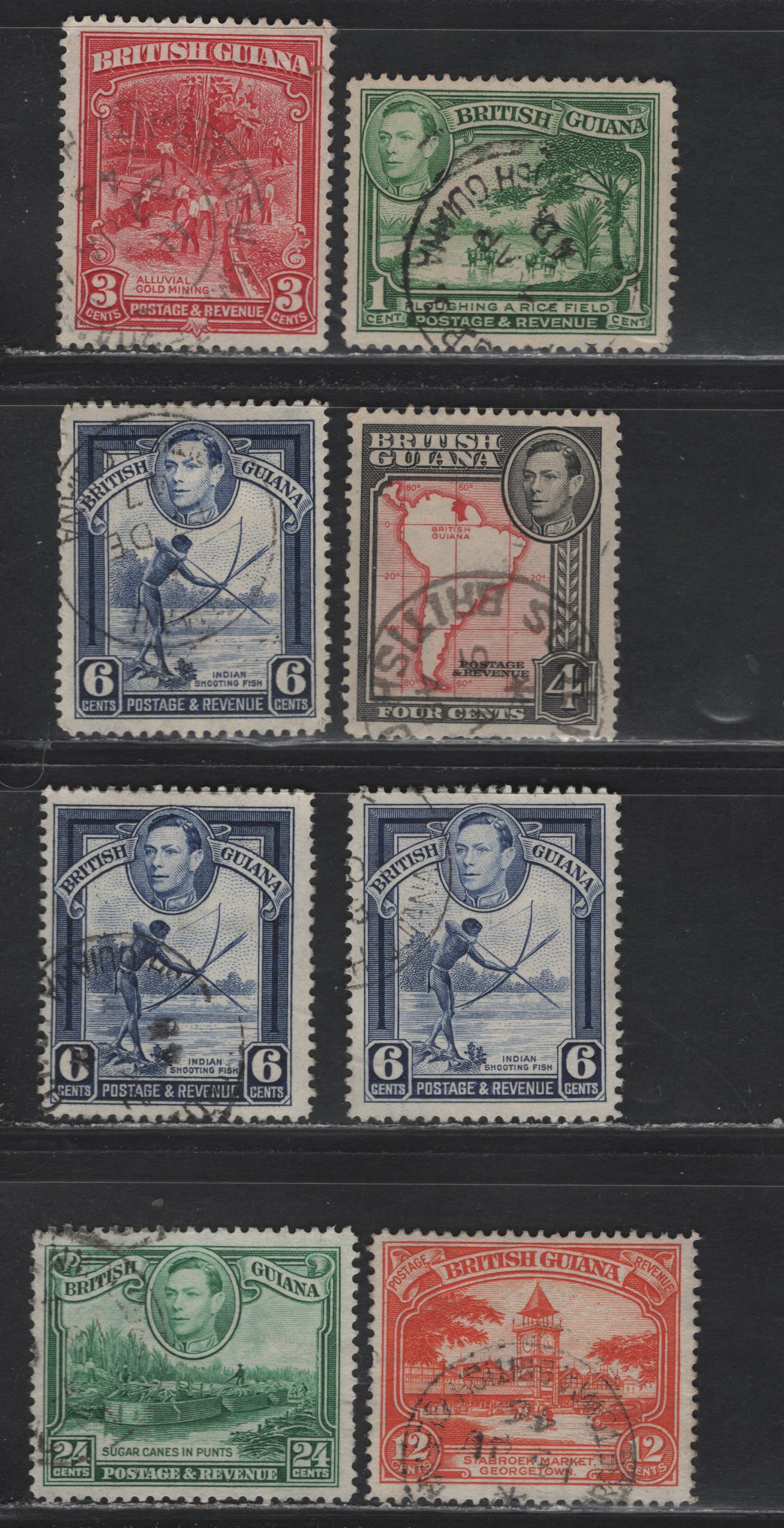 Lot 306 British Guiana SG#290, 293, 308a, 310-311, 312a 1c - 24c Blue Green , 1934-1952 KGVI Pictorial Issues, 8 Fine/Very Fine Used Singles, 1947-49 Printings On Opaque Wove Paper With Barely Visible Wmk, Shade Variations Of 6c
