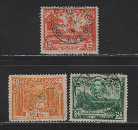 Lot 307 British Guiana SG#293, 312a, 314 12c - 48c Orange - Orange Yellow , 1934-1952 KGVI Pictorial Issues, 3 Fine/Very Fine Used Singles, 1949-1950 Printings, Perf 12.5 On Opaque Paper With Barely Visible Wmk