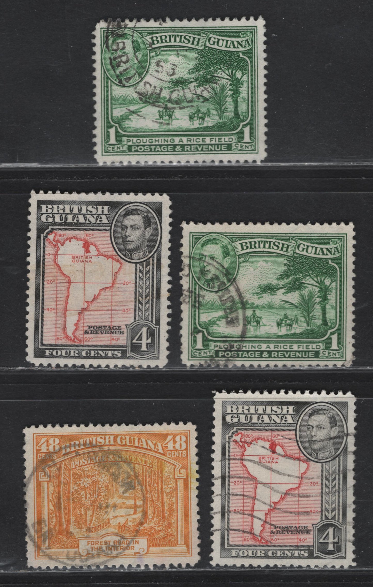Lot 308 British Guiana SG#308a, 310, 314 1c - 48c Blue Green - Orange Yellow , 1938-1952 KGVI Pictorial Issue, 5 Fine/Very Fine Used Singles, 1951-1952 Printings On Semi-Translucent Paper Showing Distinct Cross-Hatched Mesh