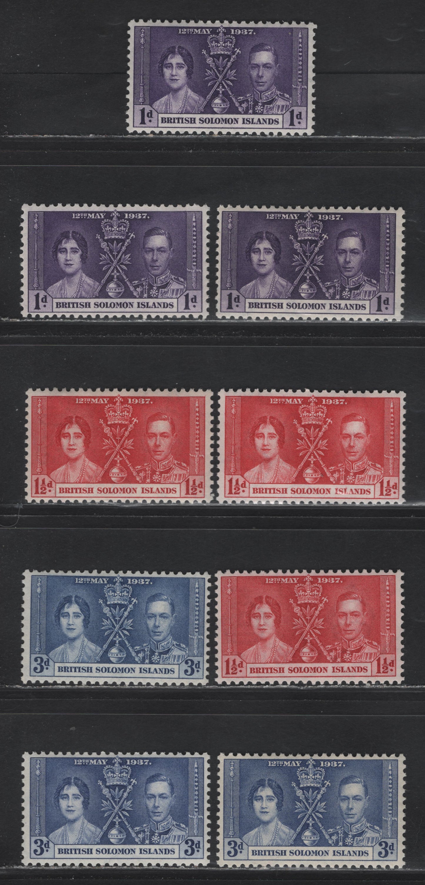 Lot 310 British Solomon Islands SG#57-59 1d - 3d Violet - Blue , 1937 Coronation Issue, 9 VFOG/NH Singles, 3 Shade Varieties Each, One NH Set & 2 Hinged