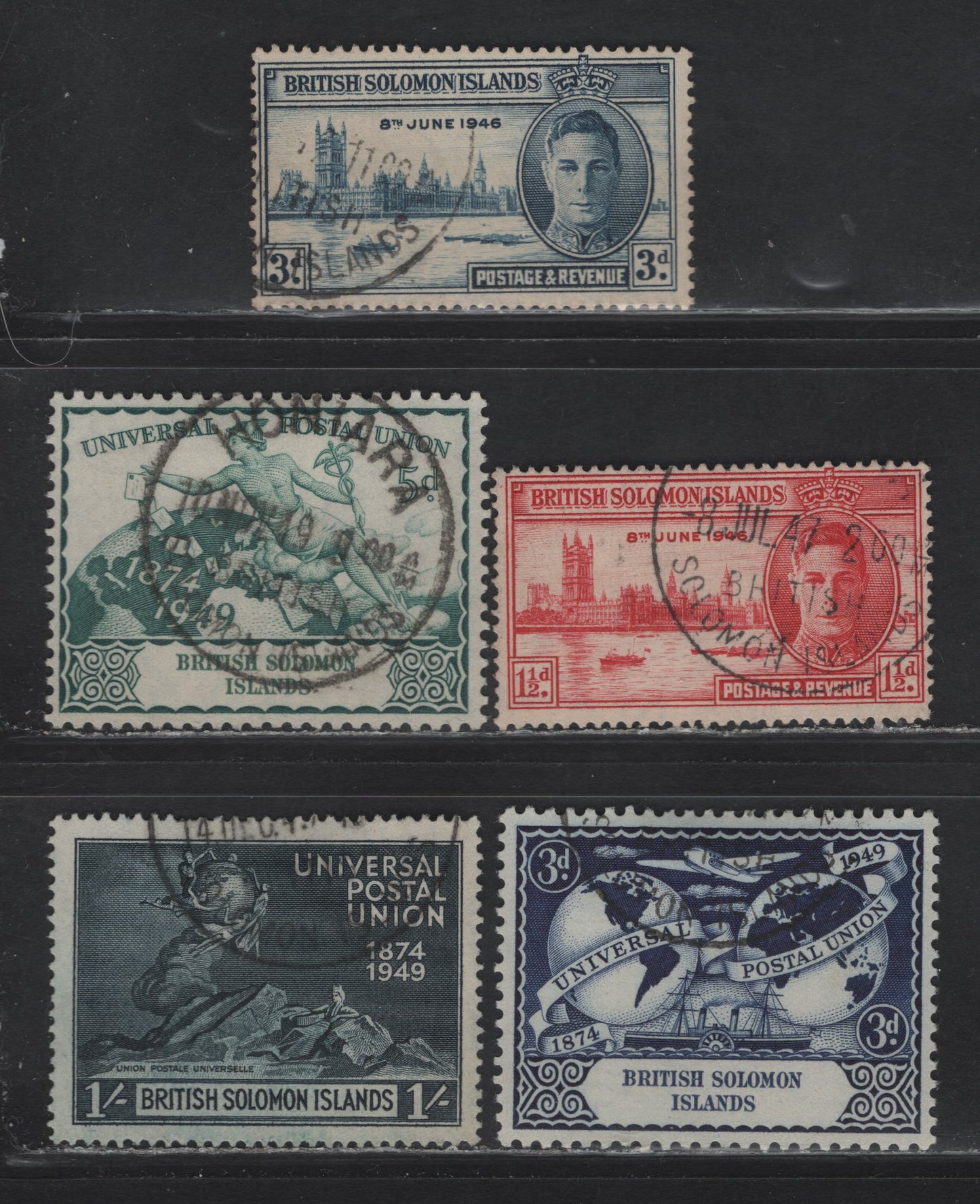 Lot 311 British Solomon Islands (C)SG#73-74, 78-80 1.5d - 1/- Carmine - Blue Black , 1946 - 1949 Peace - UPU Issues, 5 Fine/Very Fine Used Singles