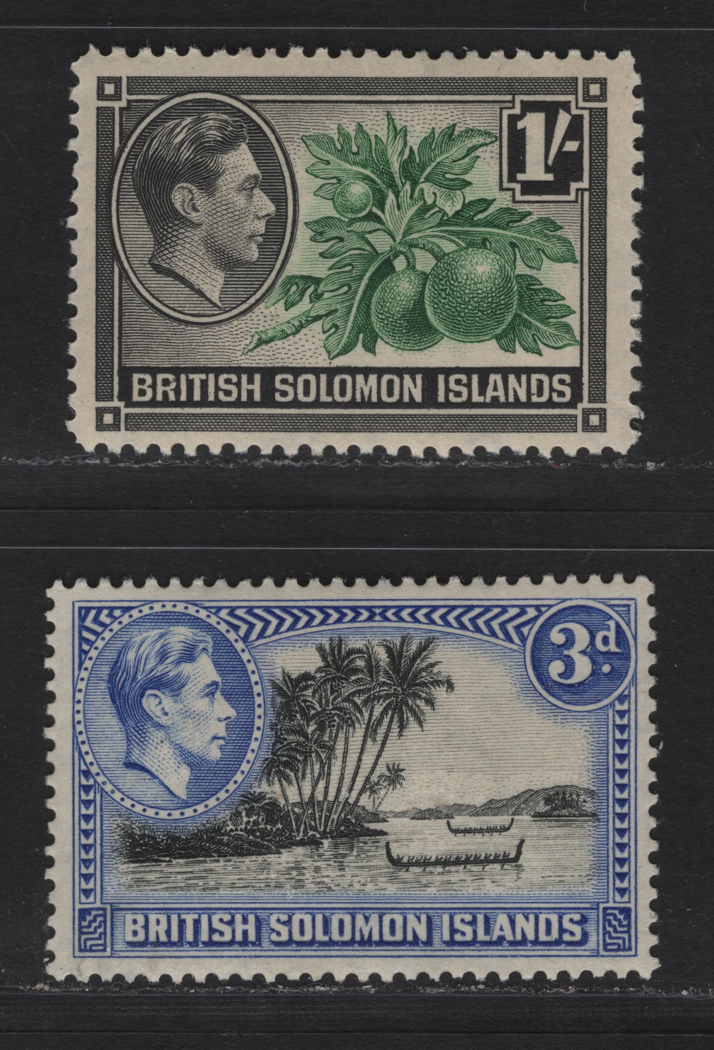 Lot 313 British Solomon Islands (C)SG#65, 68 3d - 1/- Black & Ultramarine - Green & Black , 1939-1951 KGVI Pictorial Issue, 2 VFOG Singles, 1939 Printing, Opaque Paper With Clear Wmk & Streaky Toned Gum