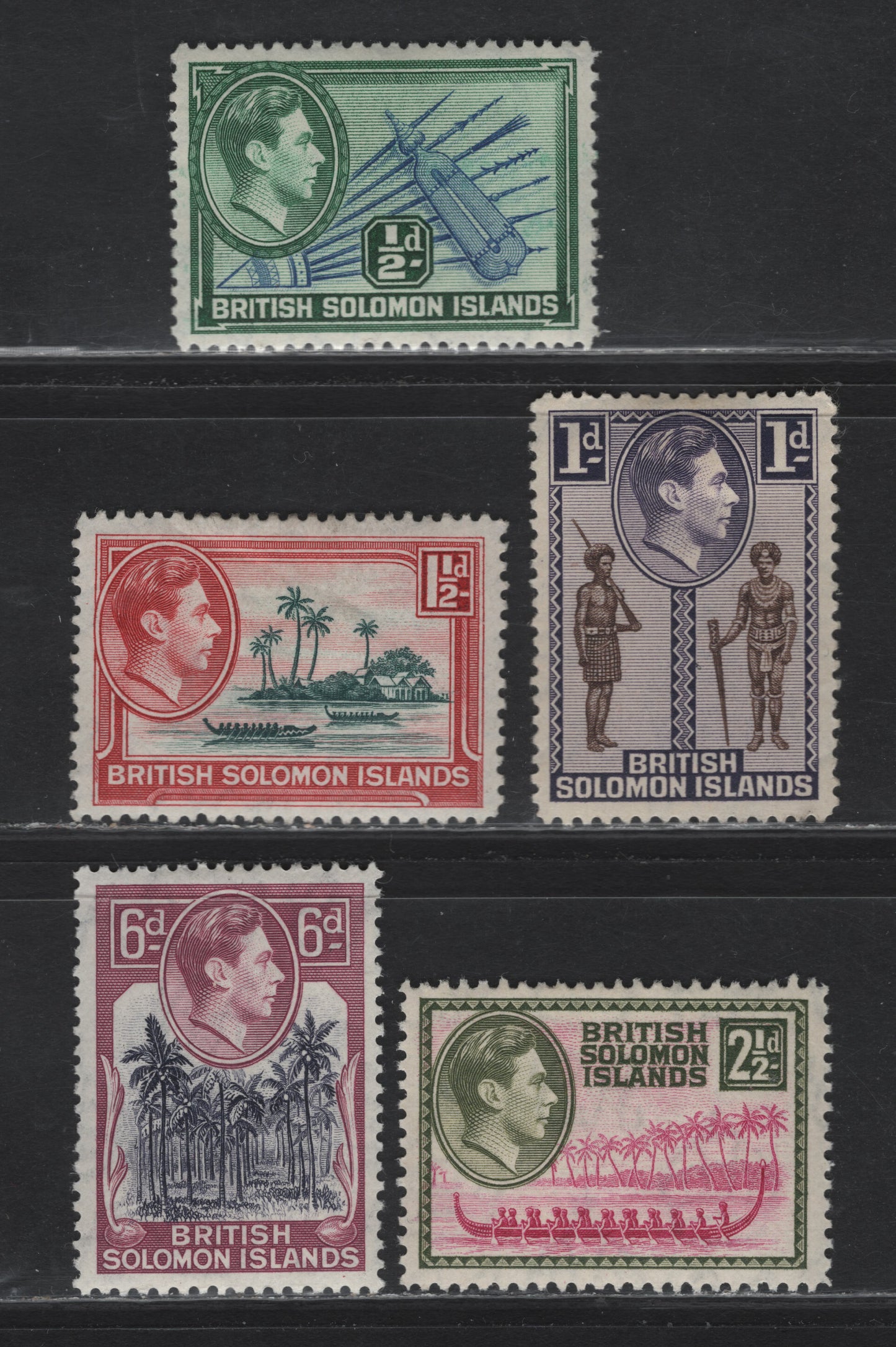 Lot 315 British Solomon Islands (C)SG#60-62, 64, 67 1/2d - 6d Blue & Blue Green - Deep Violet & Reddish Purple , 1939-1951 KGVI Pictorial Issue, 5 VFOG Singles, 1943-1944 Printings On Translucent Paper With Smooth Gum & Barely Visible Wmk