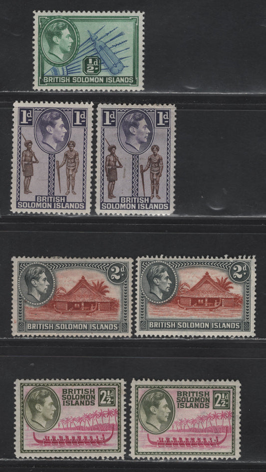 Lot 316 British Solomon Islands (C)SG#60-61, 63-64 1/2d - 2.5d Blue & Blue Green - Magenta & Olive Green , 1939-1951 KGVI Pictorial Issue, 7 VFOG Singles, 1944-1945 Printings On Translucent Paper With Clear Wmk & Smooth Gum
