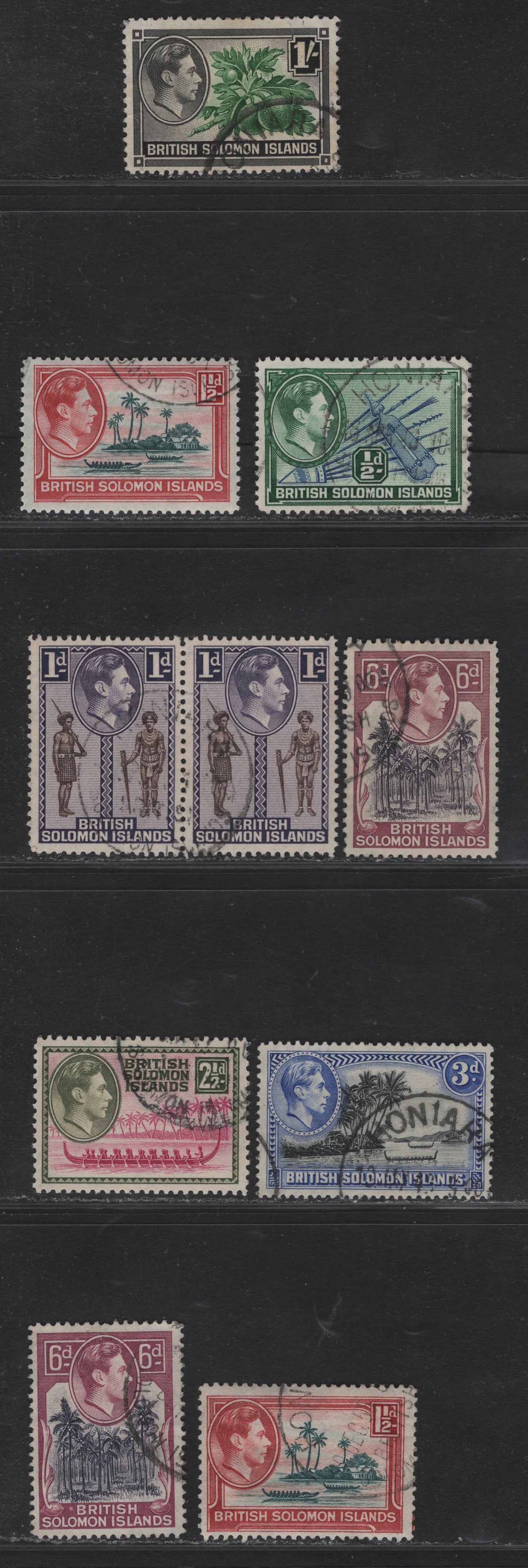 Lot 317 British Solomon Islands (C)SG#60-62, 64-65, 67-68 1/2d - 1/- Blue & Blue Green - Green & Black , 1939-1951 KGVI Pictorial Issue, 9 Very Fine Used Singles & Pair, 1939, 1942, 1944 & 1946-48 Printings