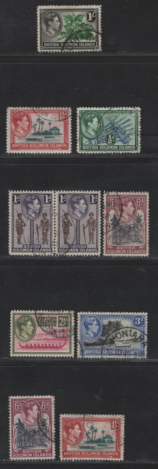 Lot 317 British Solomon Islands (C)SG#60-62, 64-65, 67-68 1/2d - 1/- Blue & Blue Green - Green & Black , 1939-1951 KGVI Pictorial Issue, 9 Very Fine Used Singles & Pair, 1939, 1942, 1944 & 1946-48 Printings