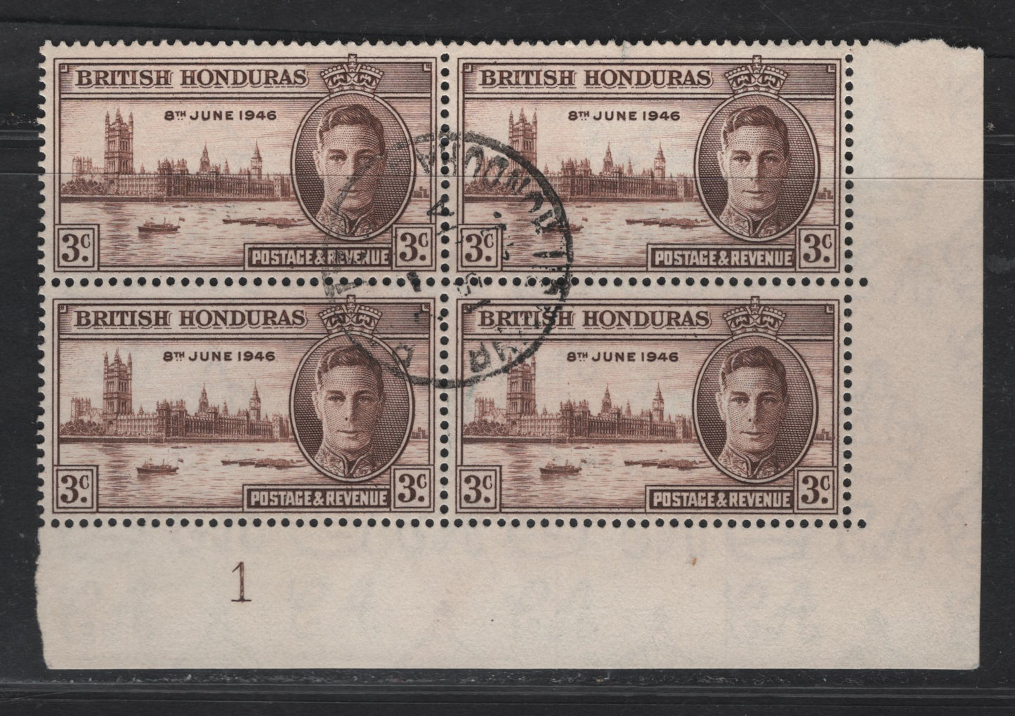 Lot 318 British Honduras (C) SG#162 3c Brown , 1946 Victory Issue, A Very Fine Used Block Of 4, Lower Right Plate 1