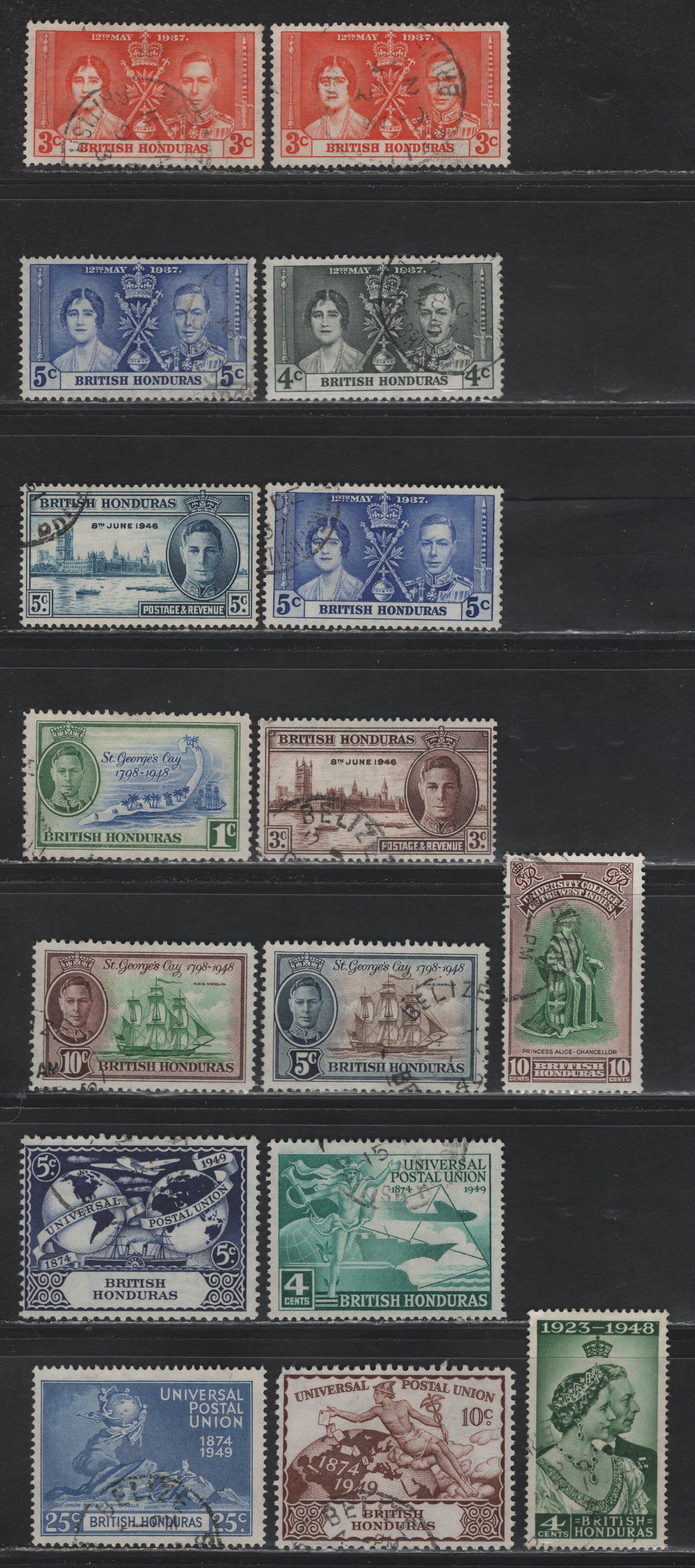Lot 320 British Honduras (C) #147-149, 162-164, 166, 169-170, 172=175, 177 3c-10c Orange - Green & Brown, 1937 Coronation-1951 BWI University College Issues, 16 Fine & VF Used Singles With Shade Varieties