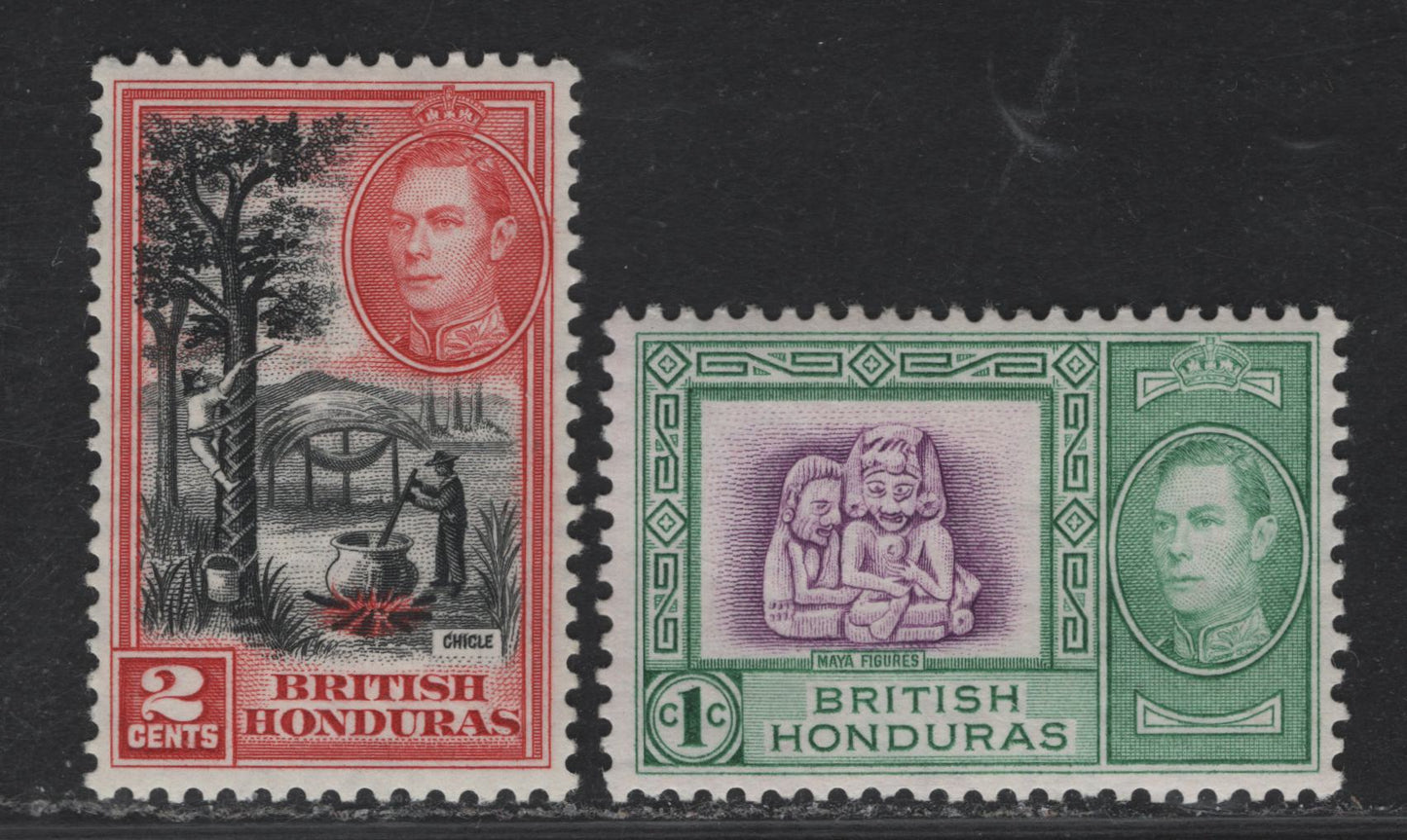 Lot 321 British Honduras (C) #150-151 1c & 2c Purple & Emerald & Black & Scarlet Maya Figures & Chicle , 1938-1947 King George VI Pictorial Issue, 2 VFOG Singles 1938 Printings On Opaque Paper, Cream Gum With Random Crazing Pattern