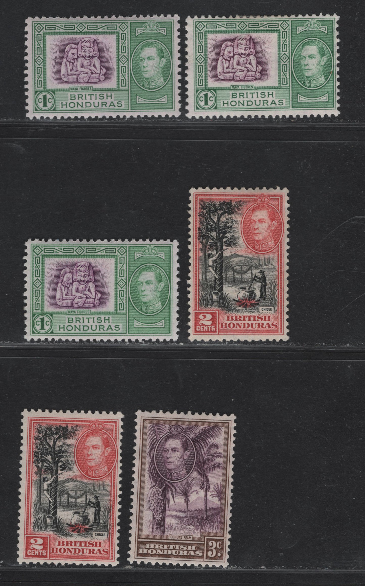 Lot 322 British Honduras (C) #150-153 1c-3c Purple & Emerald - Purple & Brown, 1938-1947 King George VI Pictorial Issue, 6 Fine & VFOG Singles 1942-1943 Printings With Smooth Gum Showing Very Fine Cracks Under Magnification, Shade Variations