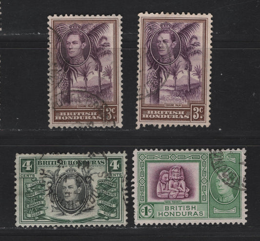 Lot 324 British Honduras (C) #150, 152-153 1c-4c Purple & Emerald - Black & Dark Green Maya Figures - Industries, 1938-1947 King George VI Pictorial Issue, 4 Fine & VF Used Singles 1942 Printings On Opaque Paper With Less Visible Watermark