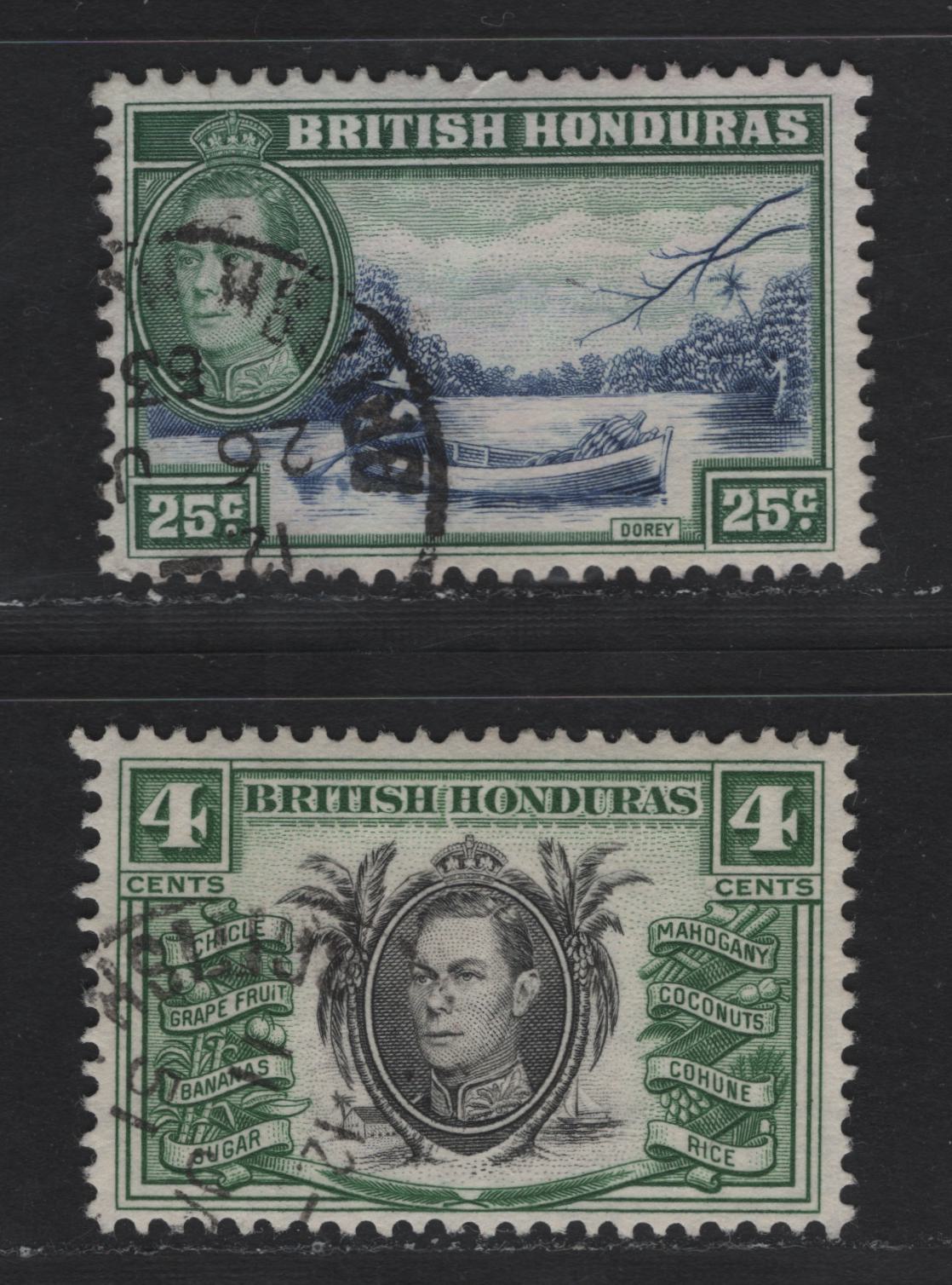 Lot 326 British Honduras (C) #153, 157 4c, 25c Black & Green & Blue & Green Industries & Dorey, 1938-1947 King George VI Pictorial Issue, 2 VF Used Singles 1951-1952 Printings On Paper With Distinct Cross-Hatched Mesh
