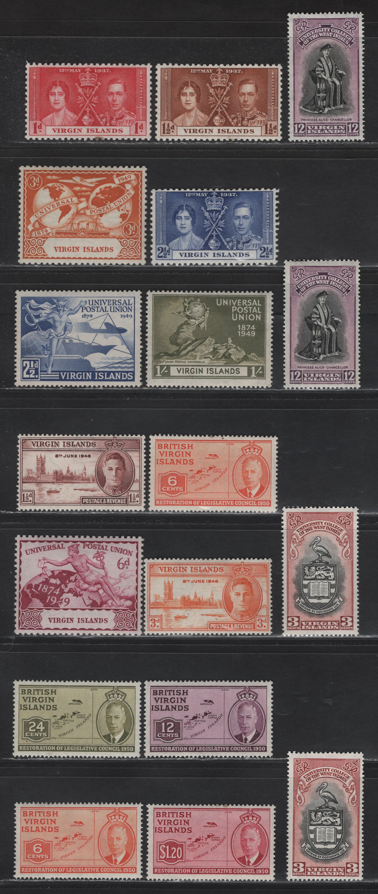 Lot 327 British Virgin Islands (C) #107-109, 122-123, 126-135 1d-$1.20 Carmine - Carmine, 1937 Coronation-1951 Restoration of Legislative Council Issues, 18 Fine & VFOG & VFNH Singles Including Shades Of BWI University