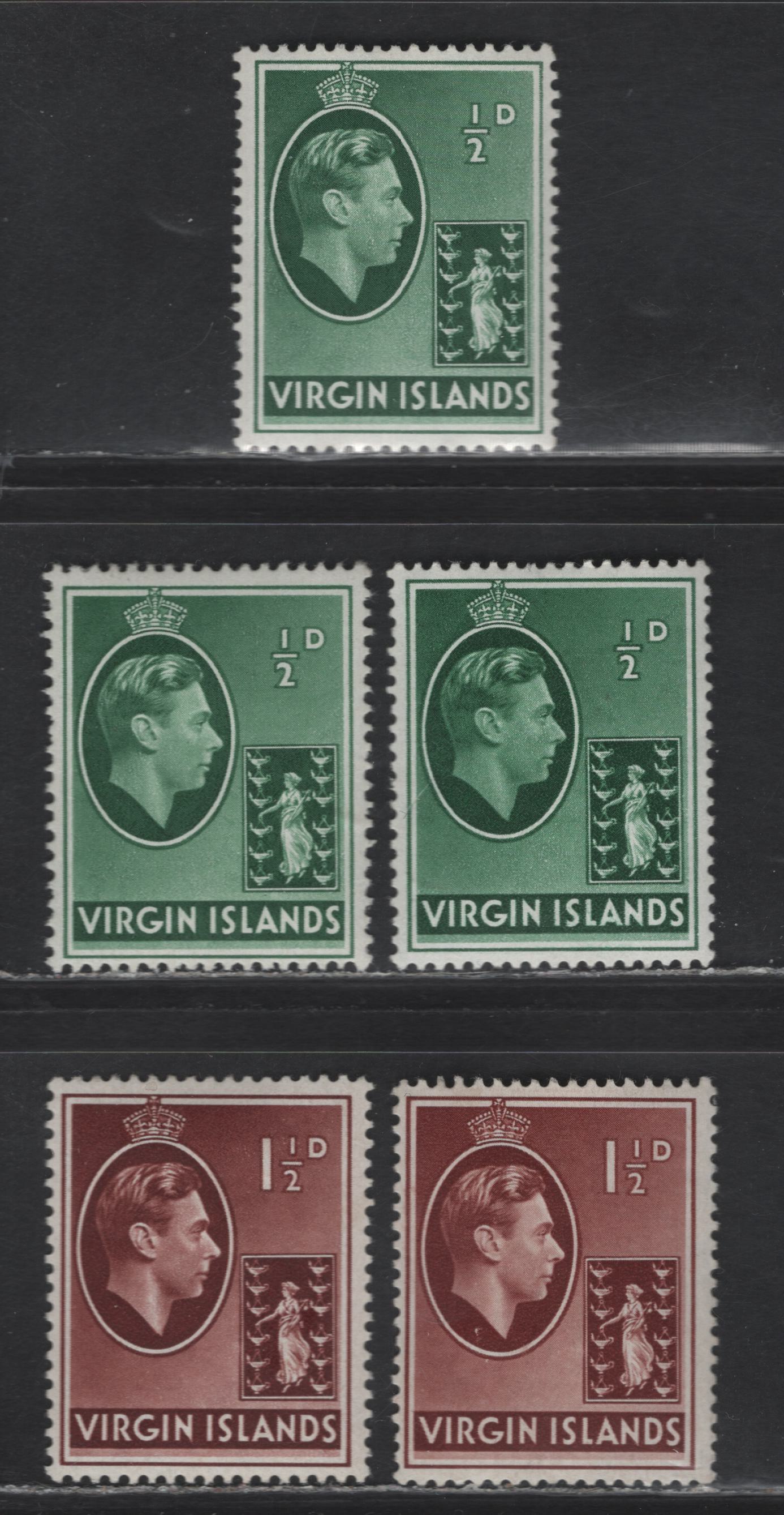 Lot 328 British Virgin Islands (C) #110a, 112-112a 1/2d-1d Green & Red Brown King George VI & Arms, 1938-1947  King George VI Photogravure Issue, 5 Fine & VFOG & VFNH Singles On Normal & Chalky Papers, Different Shades