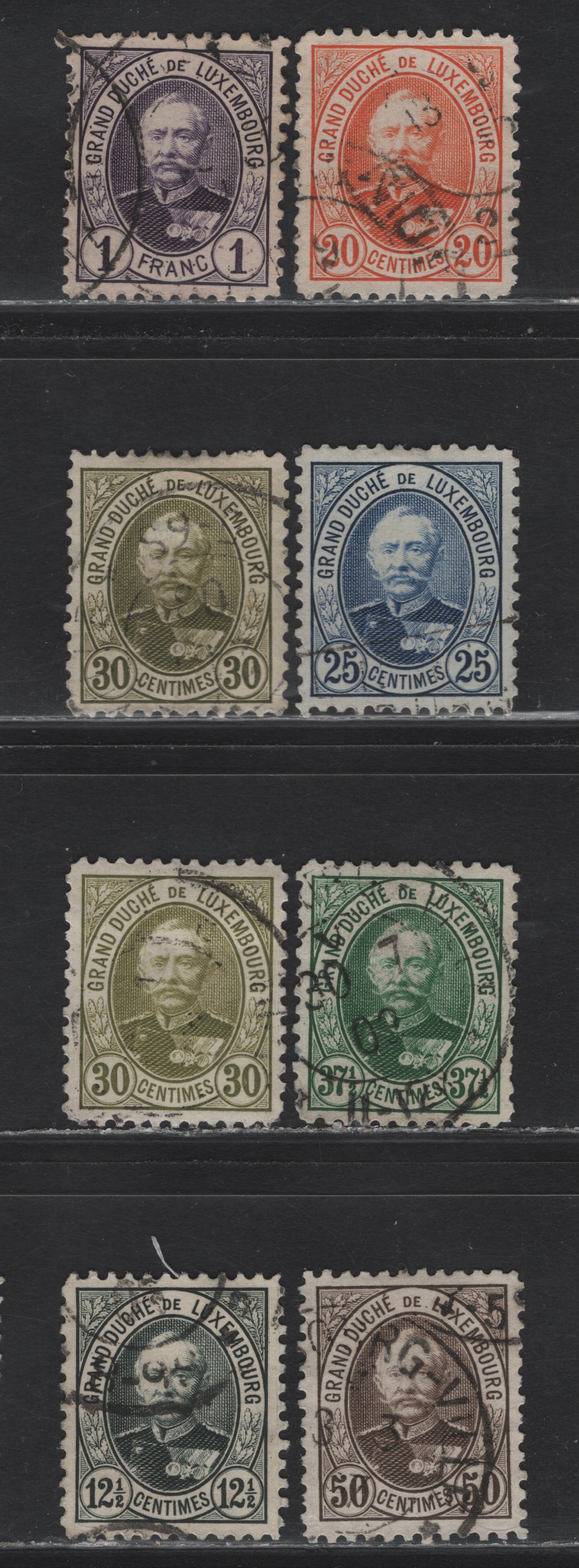 Lot 33 Luxembourg SC#61-67 (Michel# 58D-64D) 12.5c - 1fr Slate Green - Deep Violet , 1891-1893 Grand Duke Adolphe Issue, 8 Very Fine Used Singles, Perf 11.5x11, Two Shades Of The 30c