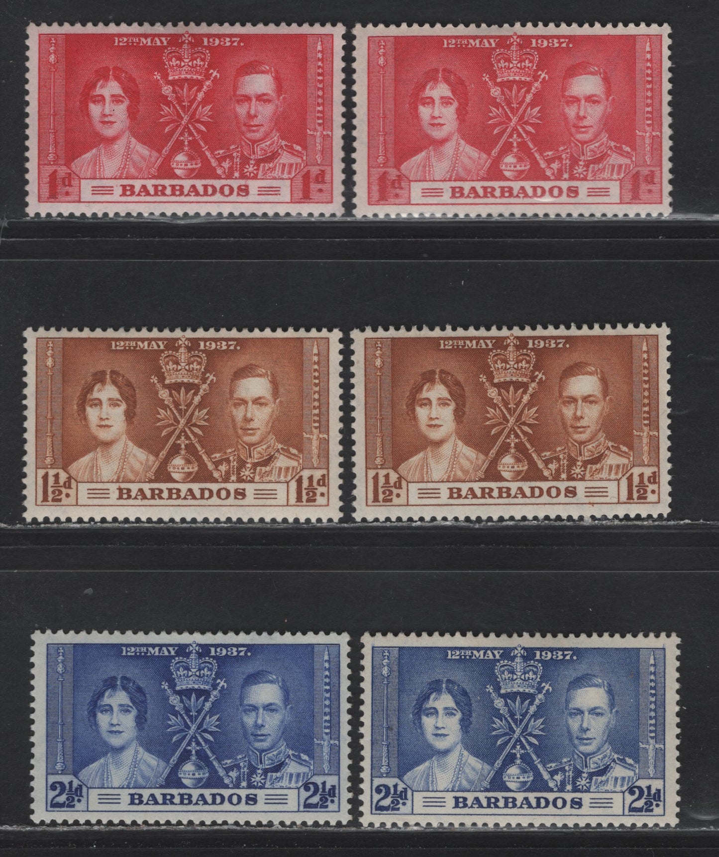 Lot 331 Barbados (C) #245-247 1d-2.5d Scarlet-Bright Blue King George VI & Queen Elizabeth, 1937 Coronation Issue, 6 Fine & VFOG Singles With Shade Variations of Each Value