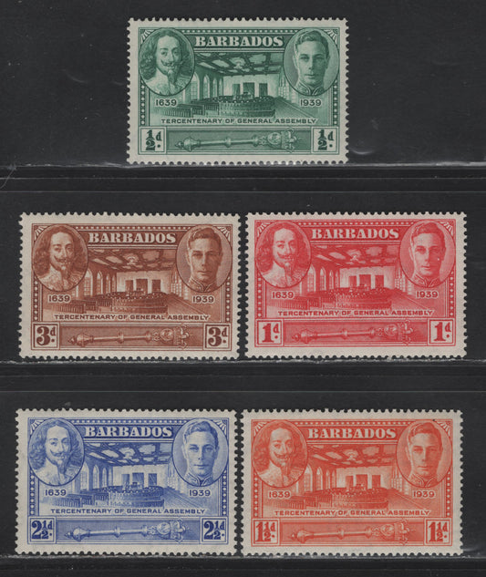 Lot 332 Barbados #257-261 1/2d-3d Green - Yellow Brown Charles I & George VI & Assembly Chamber, 1939 Tercetenary Of General Assembly Issue, 5 Fine & VFNH Singles
