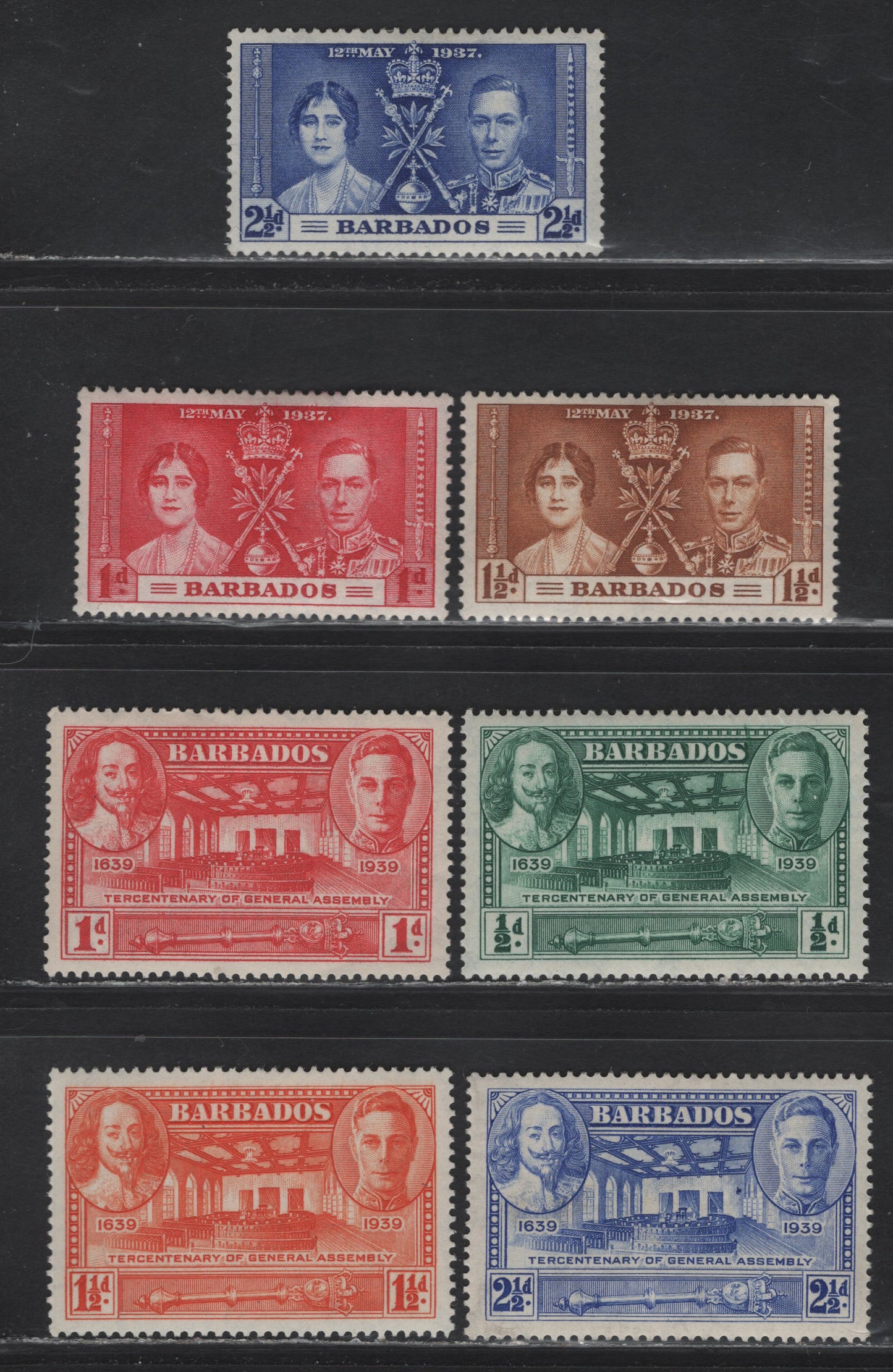 Lot 333 Barbados (C) #245-247, 257-260 1/2d-2.5d Green - Ultramarine King George VI & Queen Elizabeth-Charles I & George VI & Assembly Chamber, 1937 Coronation & 1939 Tercentenary Of General Assembly Issues, 7 VFOG Singles