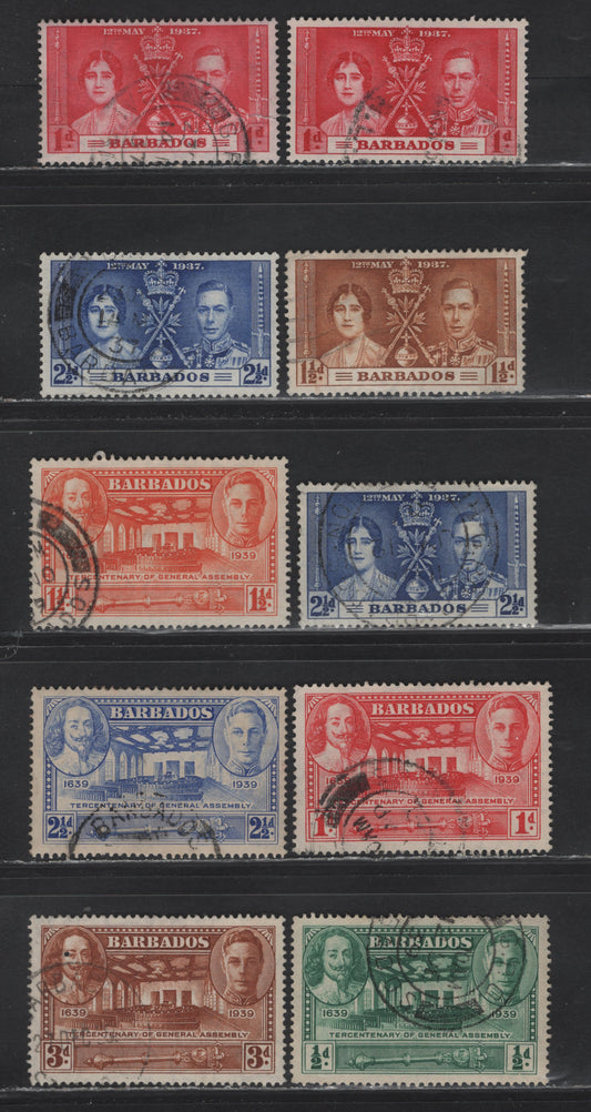 Lot 334 Barbados (C) #245-247, 257-260 1/2d-3d Green - Yellow Brown, 1937 Coronation & 1939 Tercentenary Of General Assembly Issues, 7 VFOG Singles One 1d With Tear & 3d With Pinhole, Not Counted, Including Some Shades