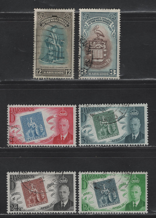 Lot 337 Barbados (C) #283-288 3c-24c Brown & Blue Green - Red Brown & Black Coat Of Arms - George VI & Britannia Stamp, 1951 BWI University College Issue - 1952 Stamp Centenary Issues, 6 Fine & VF Used Singles