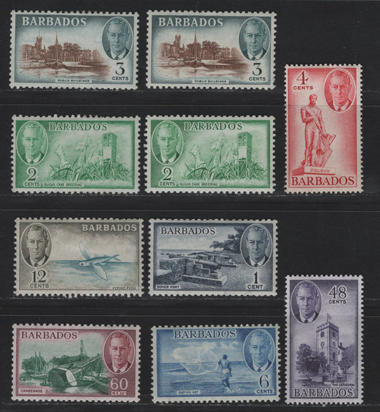 Lot 338 Barbados (C) #271-275, 277, 279-280 1c-60c Indigo - Green & Claret Dover Fort - Careenage, 1950-1952 King George VI Pictorial Issue, 10 VFOG Singles 1950 Printings on Translucent Paper With No Clear Mesh, Some Shade Variations