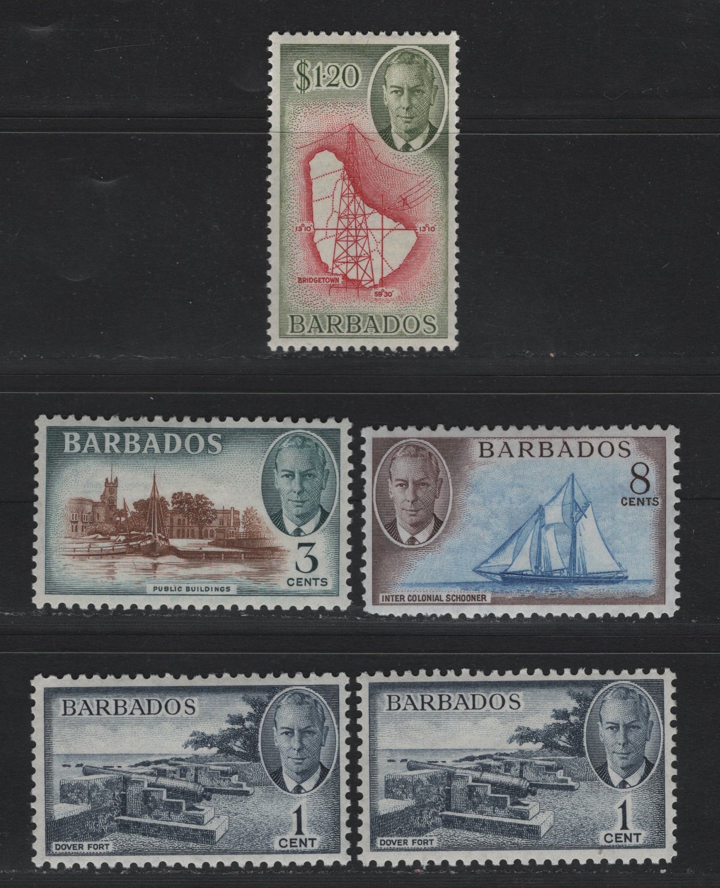 Lot 339 Barbados (C) #271, 273, 276, 281 1c-$1.20 Indigo - Carmine & Olive Green Dover Fort - Map & Wireless Mast, 1950-1952 King George VI Pictorial Issue, 5 VFOG Singles 1952 Printings On Paper Showing Cross-Hatched Mesh