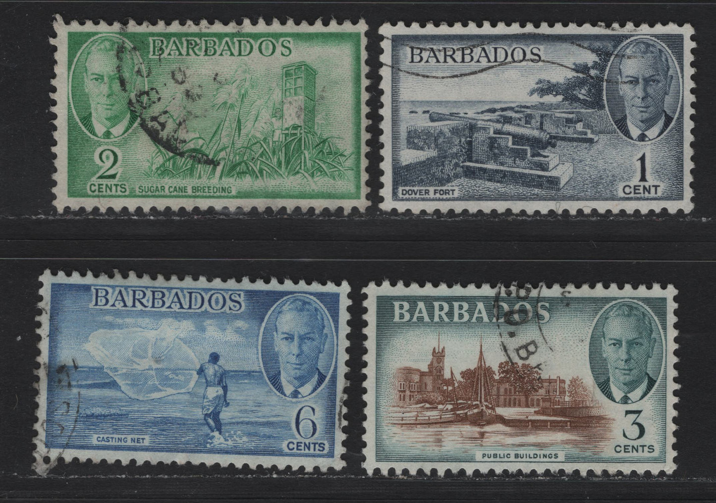Lot 340 Barbados #271-273, 275 1c-6c Indigo - Light Blue Dover Fort - Casting Net, 1950-1952 King George VI Pictorial Issue, 10 VFOG Singles 1950 Printings on Translucent Paper With No Clear Mesh, Some Shade Variations